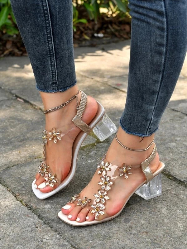 2022 Sandals Women Summer New Fashion Women's Bling Bling Flowers Rhinestone Transparent Root Open Toe Sandals Woman Shoes 330-gold-7cm