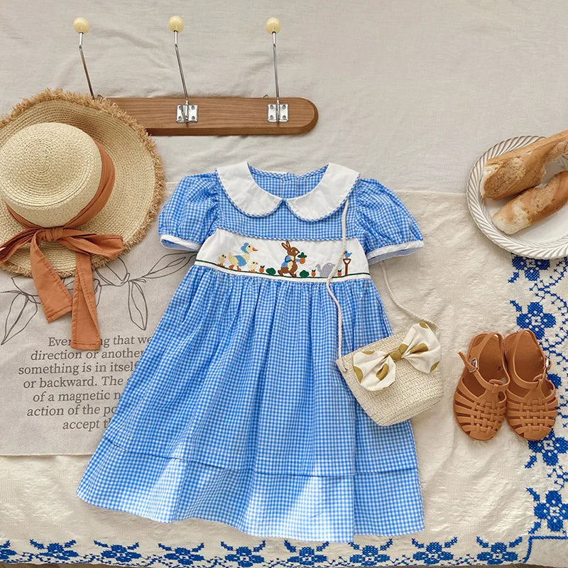 Summer Animal Embroidery Plaid Girl's Dress Lace Edge Doll Lapel Bubble Sleeve Children'S Dress Cute Plaid Baby Kids Clothing