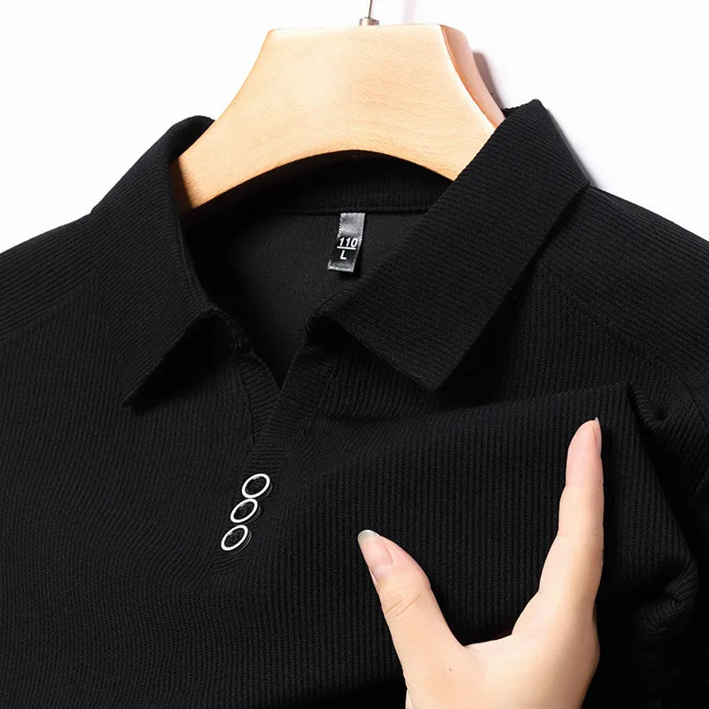 Long Sleeve Polo Shirt for Men Casual Solid Button Collar Autumn Fashion Polo T-shirt Spring Luxury Male Korean Style Clothing Black