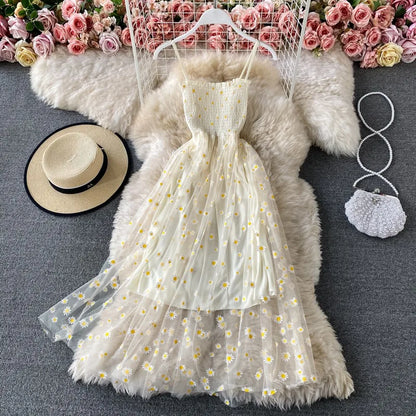 YuooMuoo Chic Fashion Fairy Daisy Flower Print Summer Dress Women Slim Elastic Two Layers Straps Long Party Dress Beach Sundress