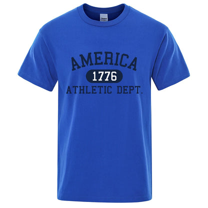 America 1776 Athletic Dept Letter Tshirt Man Fashion Tee Clothes Summer Luxury T-Shirt Hip Hop Breathable Cotton Tee Clothes Blue