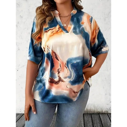 Latest Popular Plus Size Women's Tie Dye V-neck Short Sleeved Shirt Women's Casual Fashion Top Shirt Comfortable