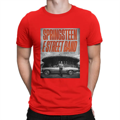 Poster T Shirt Men's 100% Cotton Novelty T-Shirts Crewneck Bruce The E Street Band Springsteen Tee Shirt Short Sleeve Tops Red