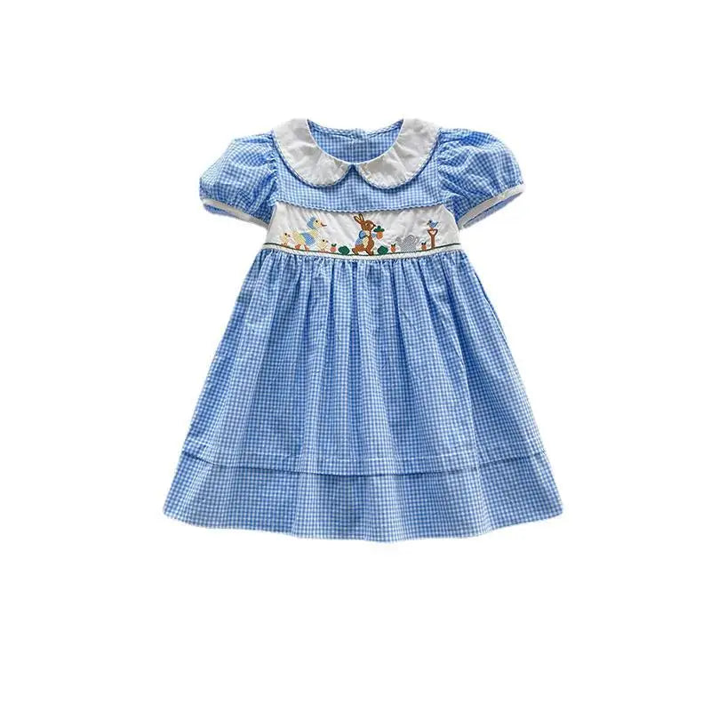 Summer Animal Embroidery Plaid Girl's Dress Lace Edge Doll Lapel Bubble Sleeve Children'S Dress Cute Plaid Baby Kids Clothing