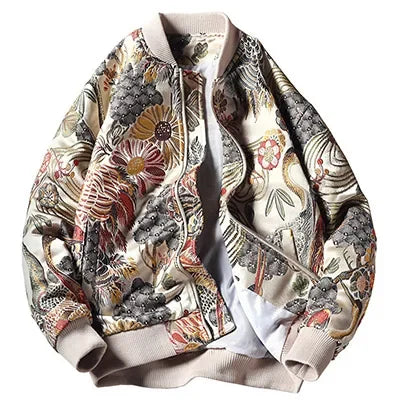 Japan Style Mens Floral & Crane Embroidery Bomber Jacket Stand Collar Men Streetwear College Baseball Jackets Autumn Coat As The Picture Shows