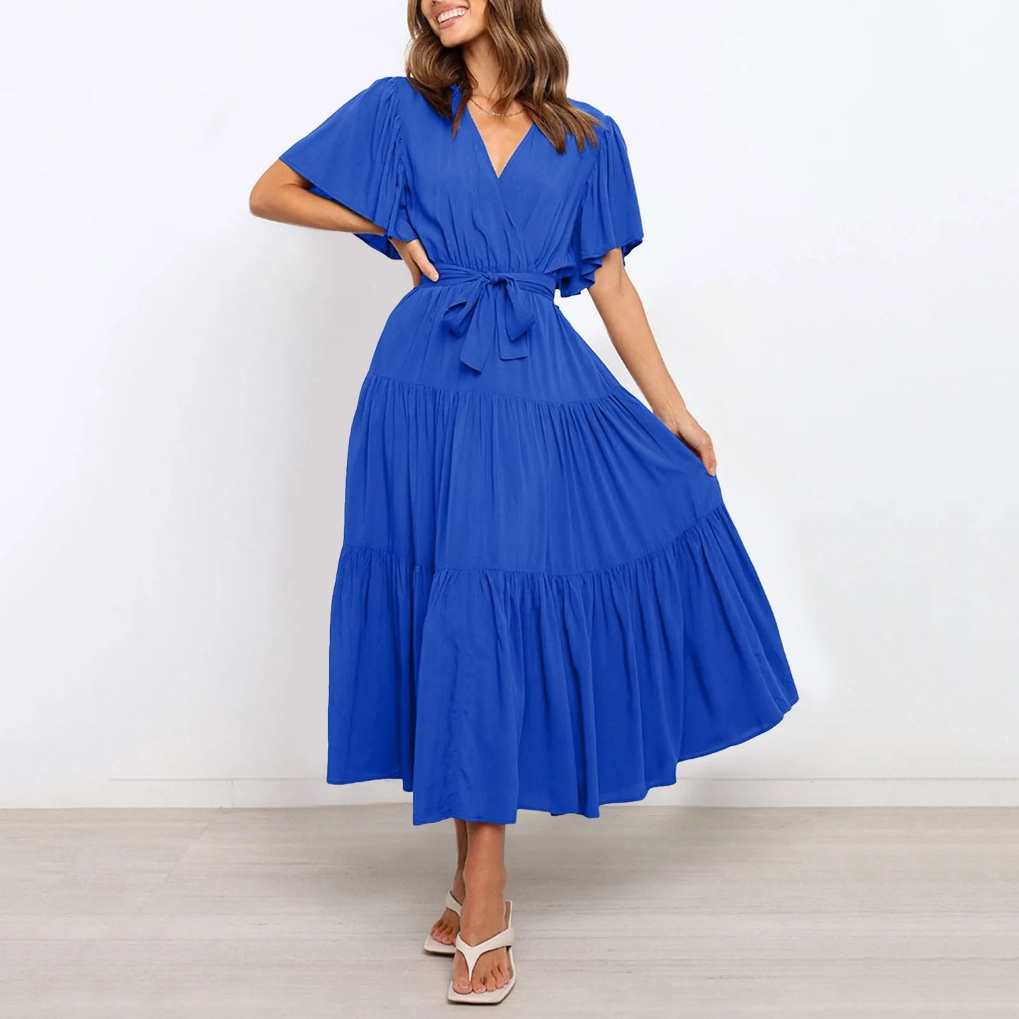 Women Chiffon Dress 2024 Summer Lace-Up Butterfly Sleeve Casual Ruffle V-Neck Fashion Party Vestidos Sexy Bohemian Robe Femme