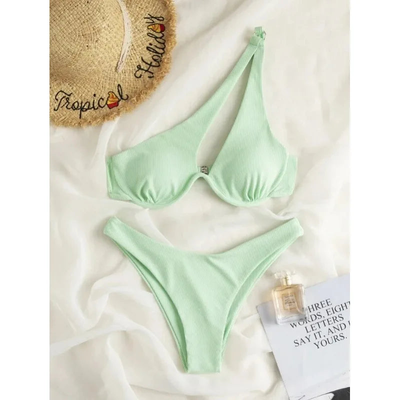 2023 One Shoulder Bikini Set Sexy Bikinis Swimsuits Cut Out Women's 2 Peices Swimwear Biquini Summer Bathing Suits Push Up Beach Light Green