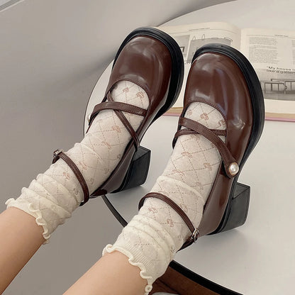 Women Loafers Retro Brown Mary Jane Shoes Women Thick Heels Ankle Buckle Lolita Shoes Woman Uniform Pu Leather Pumps Shoe Female