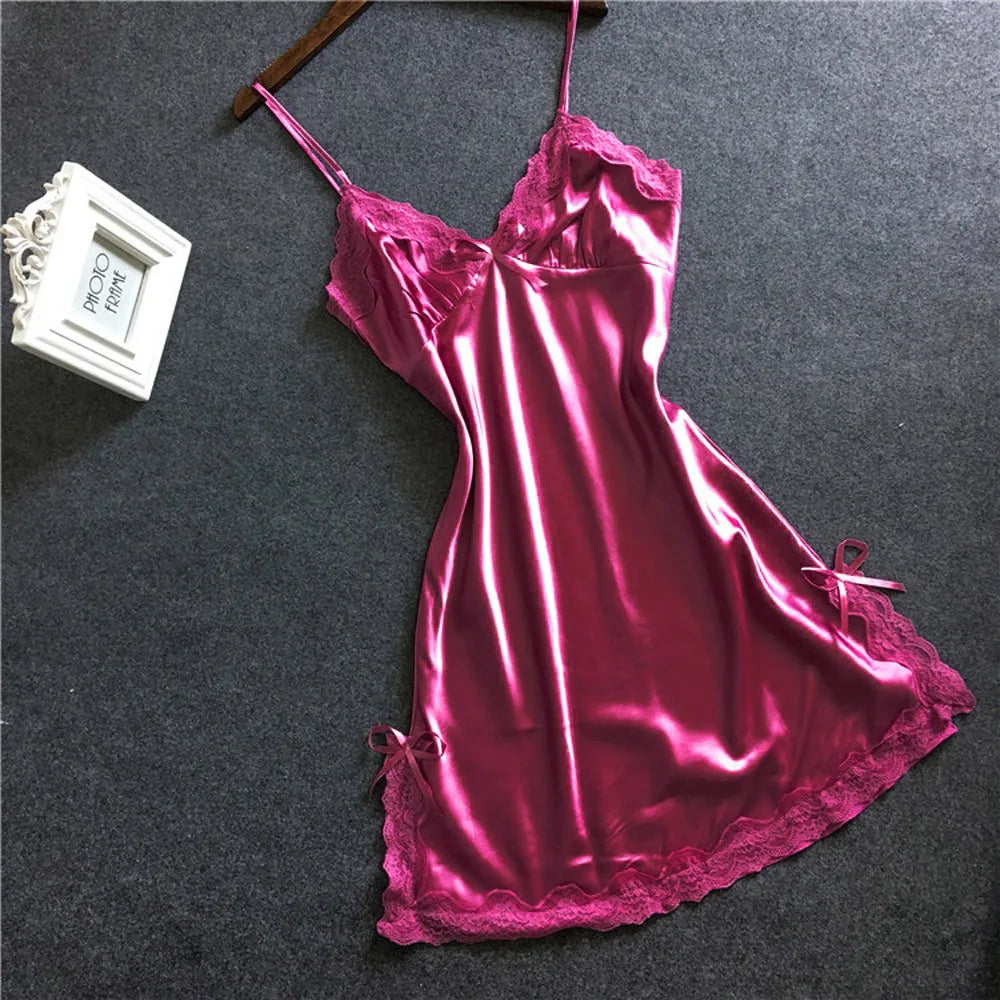 Nightgown Women Gown Sleepdress Sexy Lace Nighty Robe Spaghetti Strap Sleepwear Summer Silk Satin Nightdress Loungewear Side Bow Hot Pink CHINA