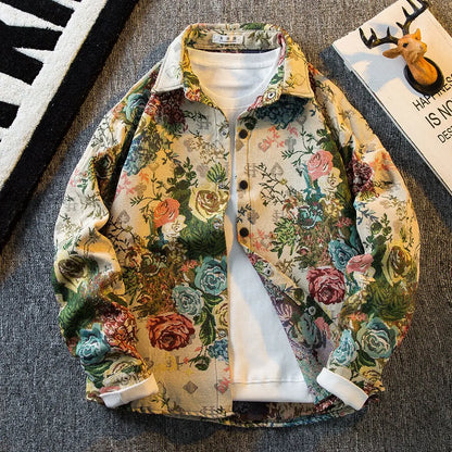 Men's Clothes American Vintage Oil Painting Shirt Embroidered Flower Men's Long Sleeved Shirt Men Shirts Art Student Casual Coat 2