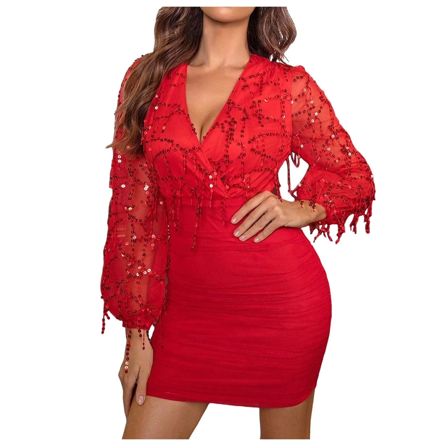 Sexy Evening Dress For Women See Through Sequin Women Elegant Mesh Long Sleeve Party Dress Bodycon Club Birthday Dress Vestidos