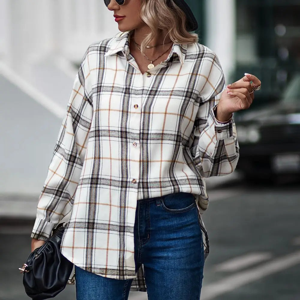 2024 New Spring Autumn Women Blouses Tops Female Casual Loose Boyfriend Plaid Shirt Women Long-sleeve Lapel Tops 2XL Shirts