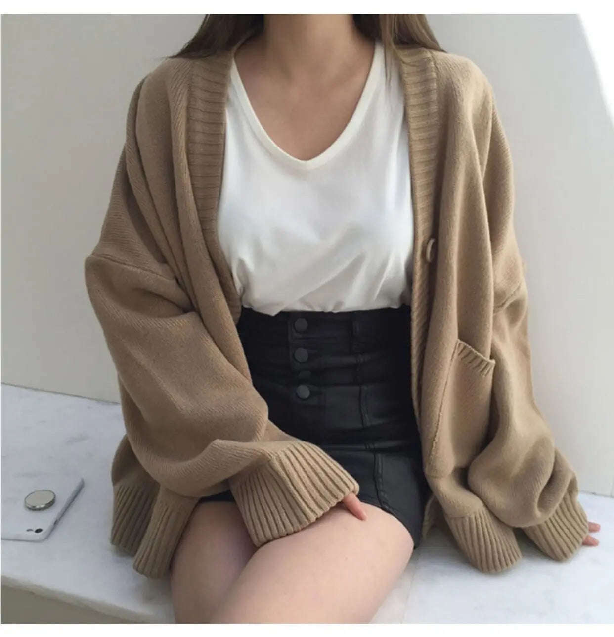 2024 Autumn Women's Sweater Fashion V-neck Vintage Knitted Cardigan Korean Loose Solid Sweaters Female