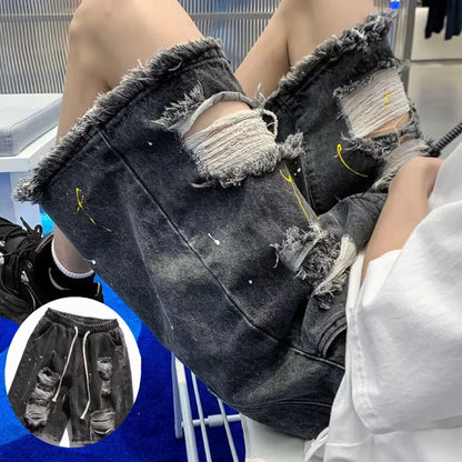 2023 Hip Hop Ripped Denim Shorts Y2K Streetwear Men Vintage Destroyed Hole Baggy Jeans Pants Fashion Summer Loose Shorts Black Black