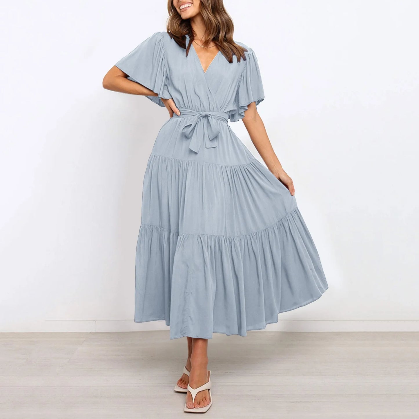 Women Chiffon Dress 2024 Summer Lace-Up Butterfly Sleeve Casual Ruffle V-Neck Fashion Party Vestidos Sexy Bohemian Robe Femme