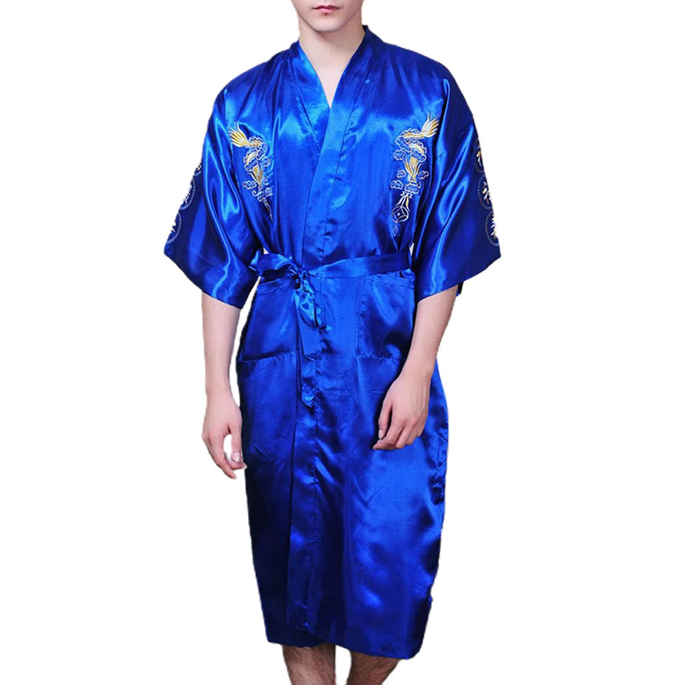 Men's Satin Robes Chinese Style Dragon Embroidery Kimono Silk-like Bathrobe Pajamas Sleepwear Gown Bath Robe