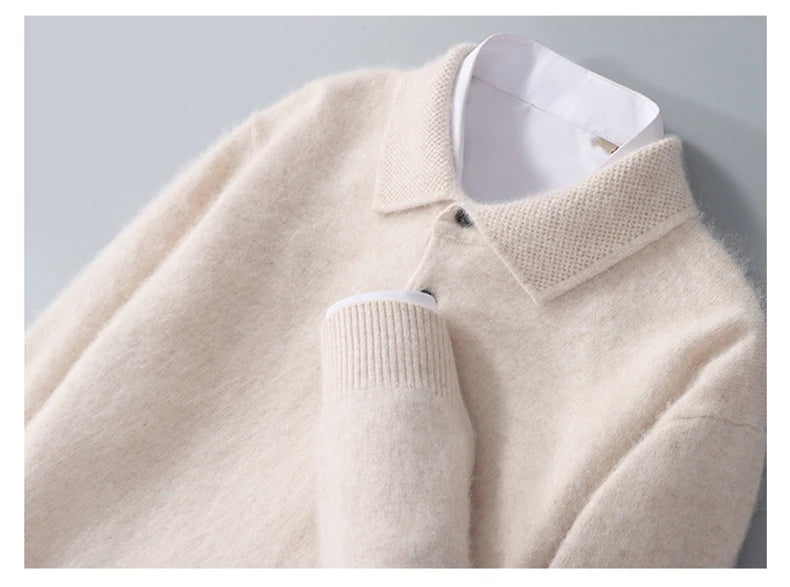 Men's Shirt 100% Mink Cashmere Sweater Casual Business POLO Collar Pullover Autumn Winter Warm Knit Base Shirt Men's Clothing