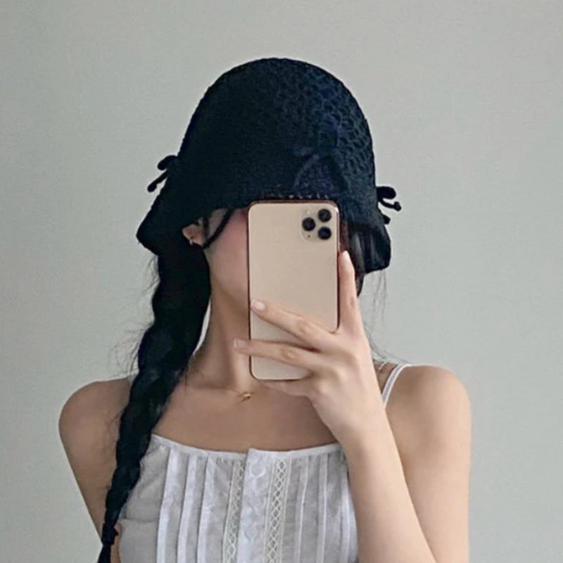 Korean Ins New Cute Bow Hollow Knitted Women's Caps Spring and Summer Sunshade Versatile Show Face Small Sweet Bucket Hat