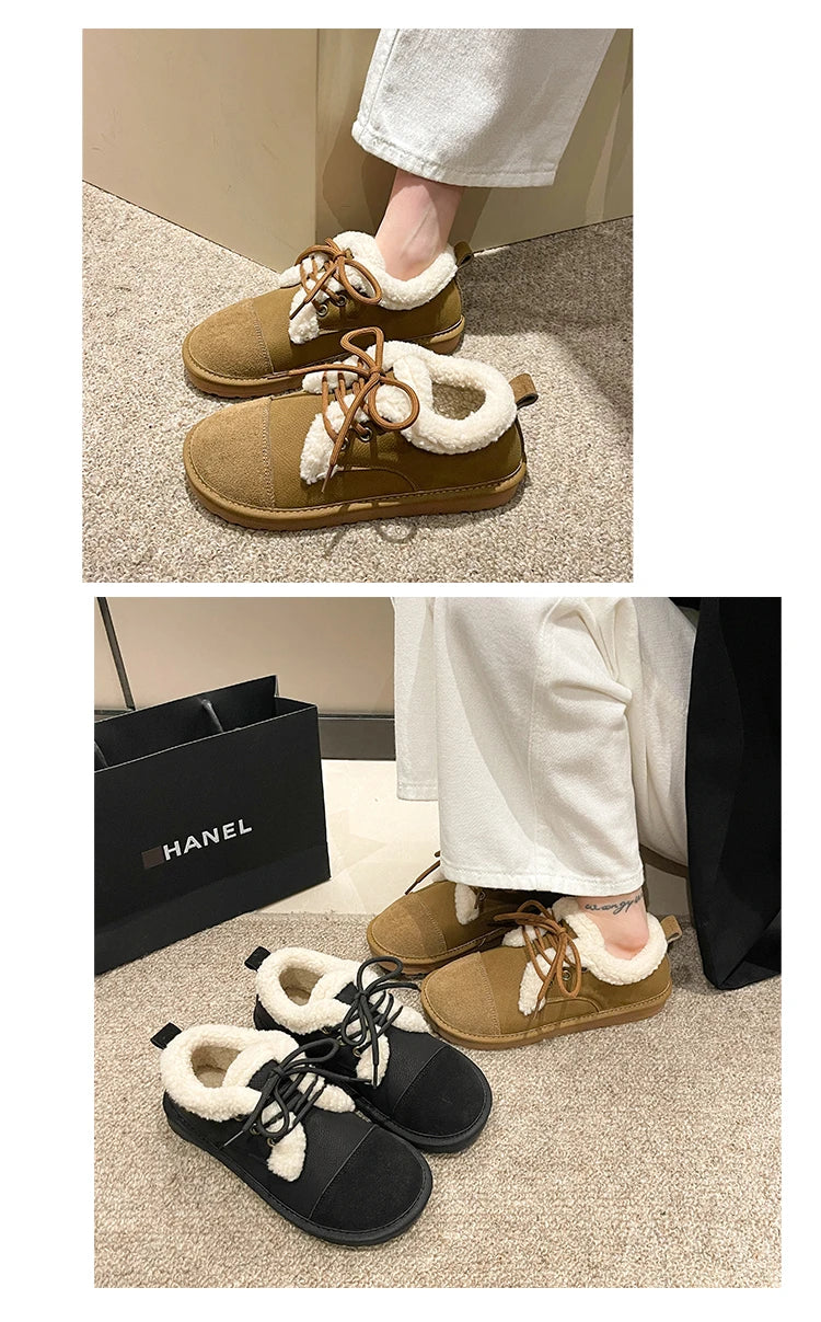 Fashion khaki Winter Shoes Women Low-cut Plush Flat Shoes for Women Non-slip Outdoor Female Cotton Shoes Cozy Fur Ladies Loafers