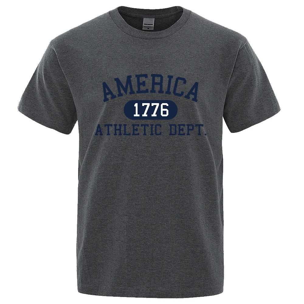 America 1776 Athletic Dept Letter Tshirt Man Fashion Tee Clothes Summer Luxury T-Shirt Hip Hop Breathable Cotton Tee Clothes Dark Gray