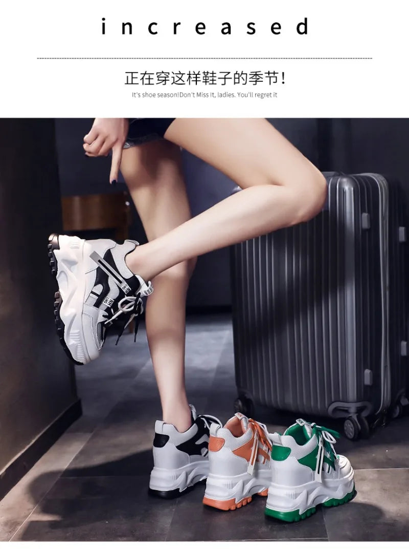 Fashion Flower Embroidered Mesh Breathable Ladies Wedge Platform Sneakers High Heels Lace-Up Shoes Comfortable Height Increasing