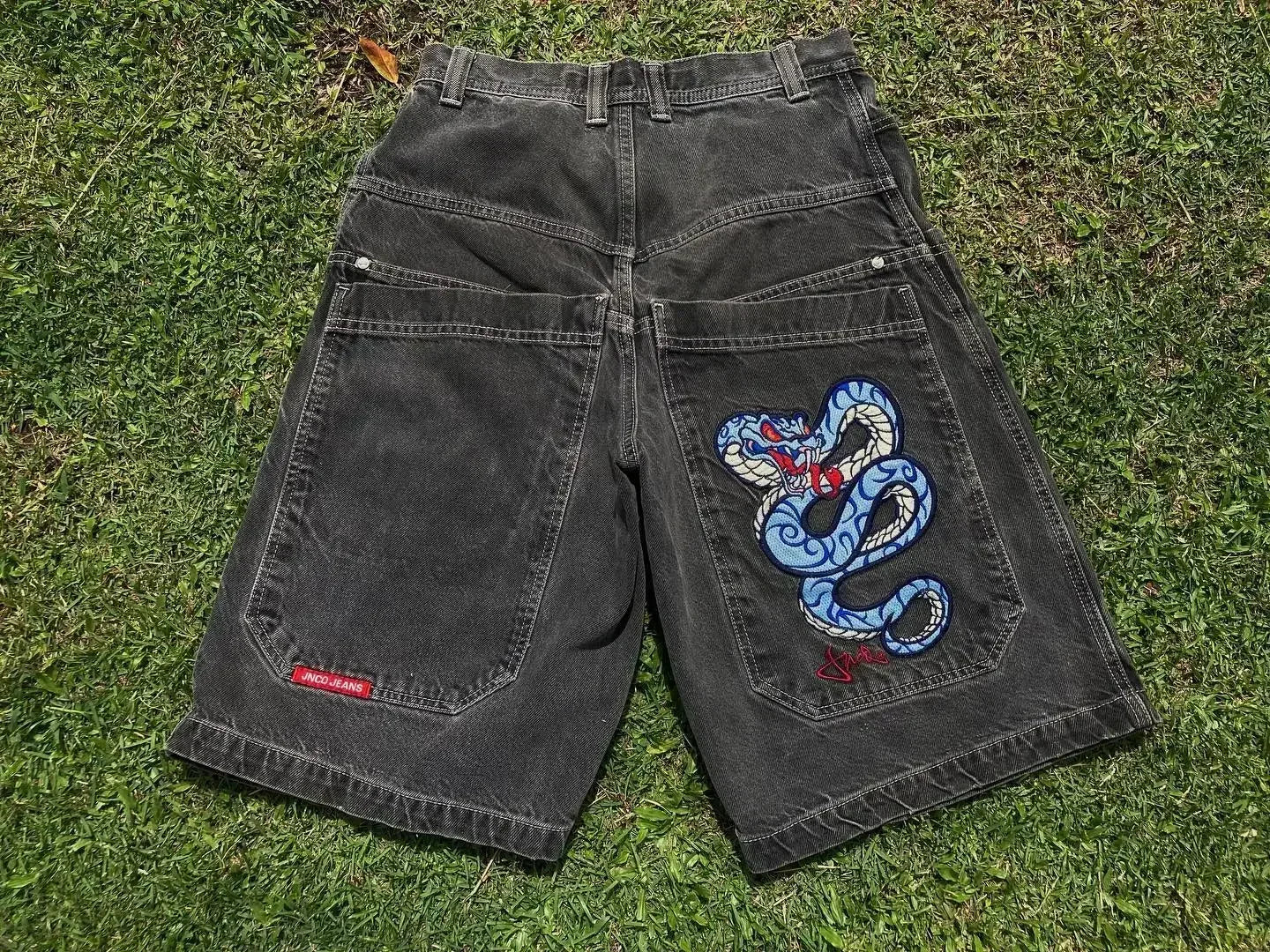 JNCO baggy Denim Shorts Harajuku Y2K jeans Hip Hop vintage pattern Summer New Men Women Gothic Men Basketball Shorts Streetwear 12