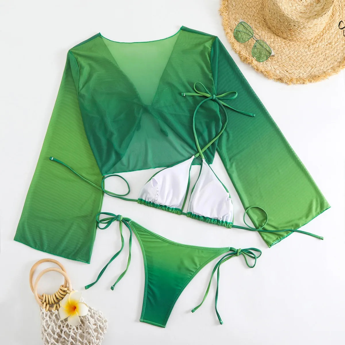 Girls 3pack Thong Bikini with Long Sleeve Cover Ups Kids Swimsuit 7-12 Years Children's Swimwear 2024 Teens Bathing Suit Green