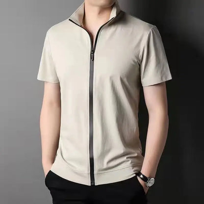 Cute 2023 Men Summer Trend Stand Collar Zipper Cardigan Shirts Solid Short Sleeve Comfortable Business Casual Top Ropa Hombre Camisas Creamy White