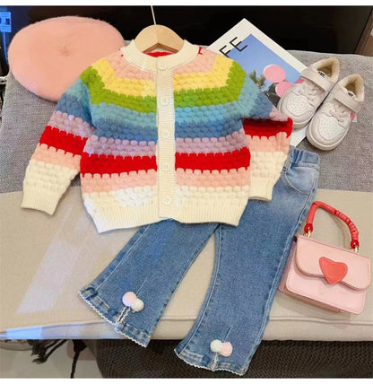 Rainbow Striped Knitted Cardigans for Kids Baby Girls Autumn Winter Long Sleeve Single-breasted Sweater Coats Children Clothes