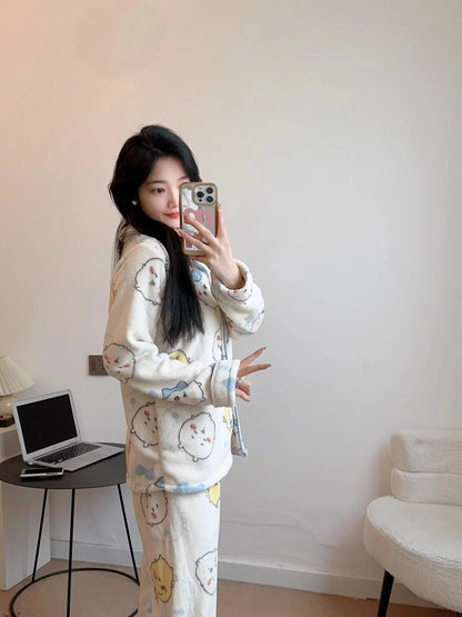 Chiikawa Pajamas Flannel Hachiware Cute Usagi Usagi Pajamas Women Winter Plus Velvet Thickened Warm Home Clothes Suit Girls