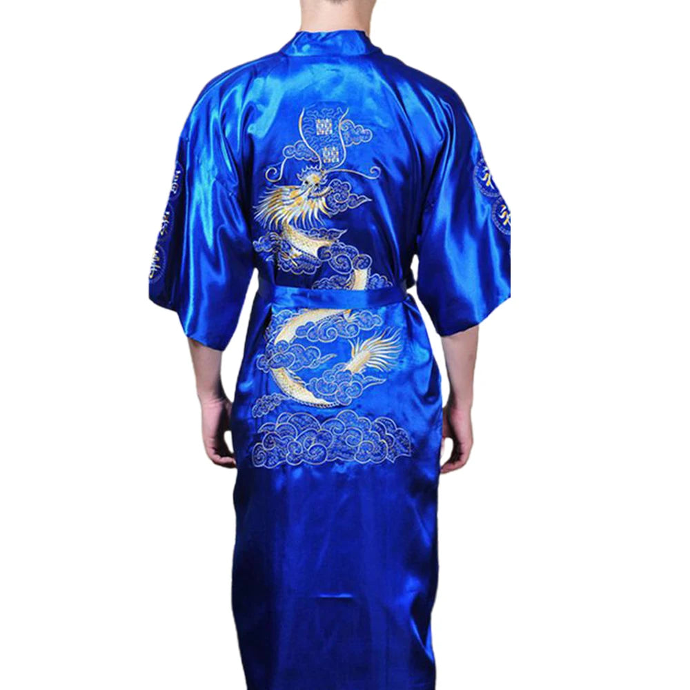 Men's Satin Robes Chinese Style Dragon Embroidery Kimono Silk-like Bathrobe Pajamas Sleepwear Gown Bath Robe