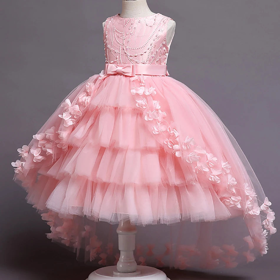 Baby Lace Pink Princess Tailing Dress For Girl Elegant Birthday Party with Flowers Dress Baby Girl's Christmas Clothes 3-12yrs A01