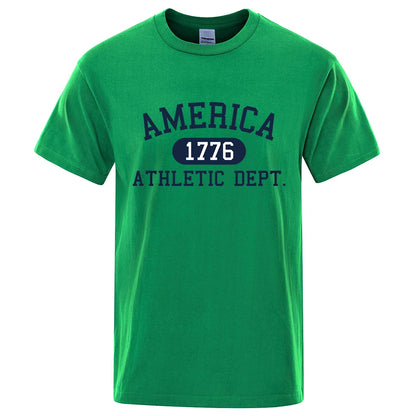 America 1776 Athletic Dept Letter Tshirt Man Fashion Tee Clothes Summer Luxury T-Shirt Hip Hop Breathable Cotton Tee Clothes Green