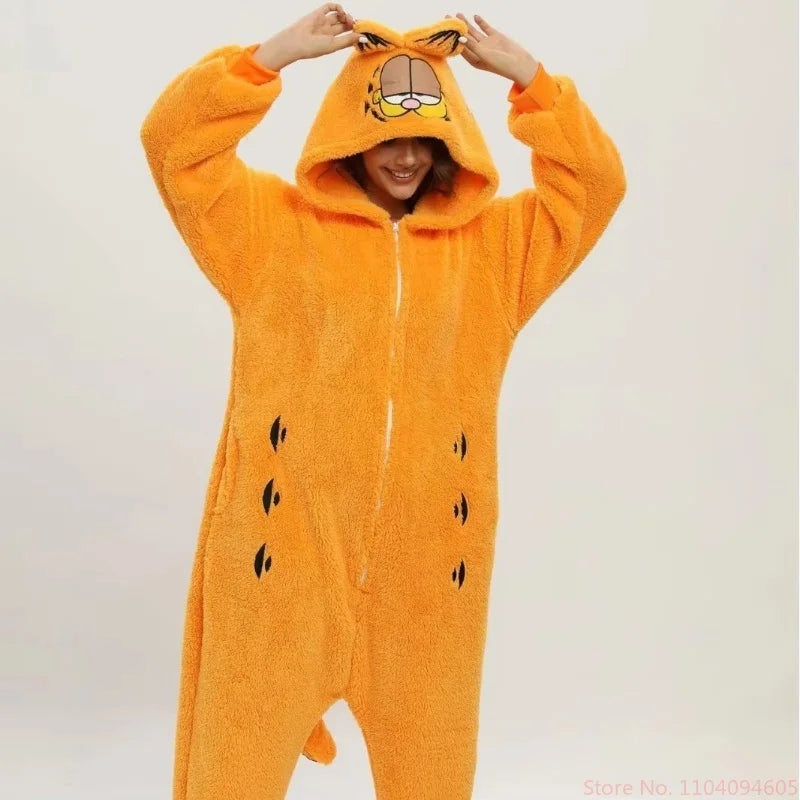 Miniso Unisex Garfield Costumes Onesies Cat Cosplay Pajamas Adult Pyjamas Animal Sleepwear Jumpsuit Cartoon Clothing