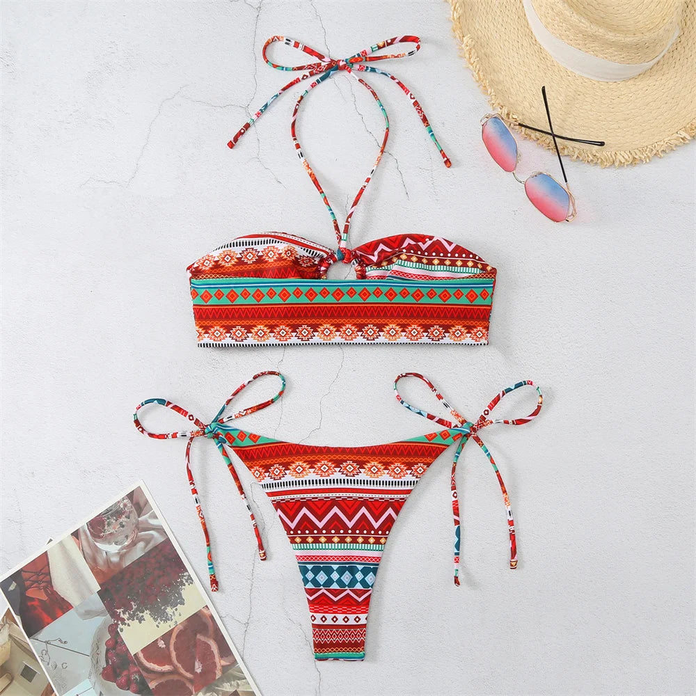 Boho Print Bikini Halter String Bandeau Swimsuit Separate Retro Trend Swimwear Y2K Beach Micro Tanga Women Vacation Bathing Suit