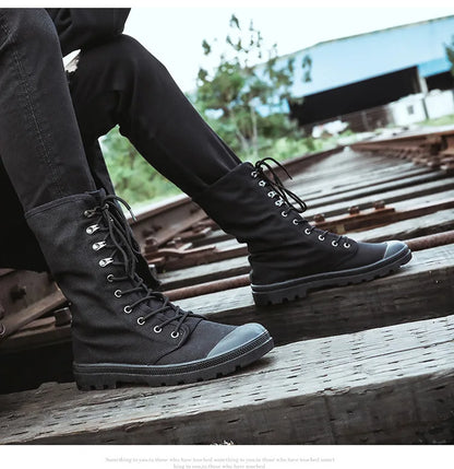 Mid-calf Men Canvas Boots Lace Up Tactical Men Shoes High top Sneakers Military Boots Work Shoes Jungle Mountaineering Shoes Men