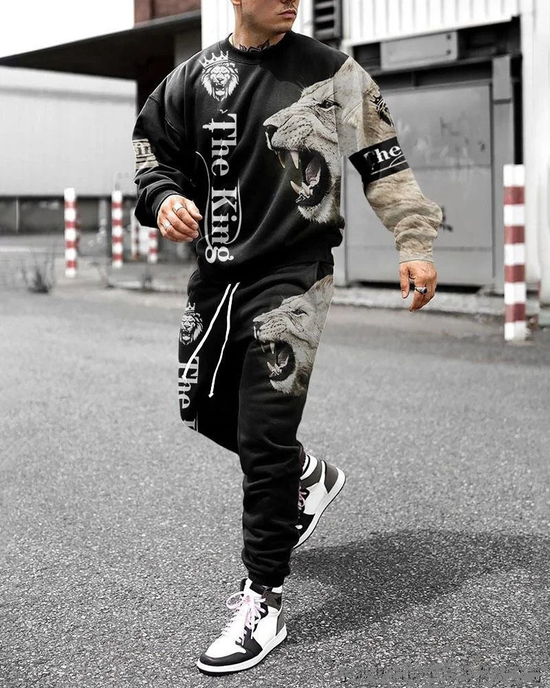 The Lion 3d Printed Men's Round Neck Tracksuit Sets Casual Long Sleeve Pants 2pcs Sets Oversized Pullover Fashion Men Clothing HHTZZ2D231512V