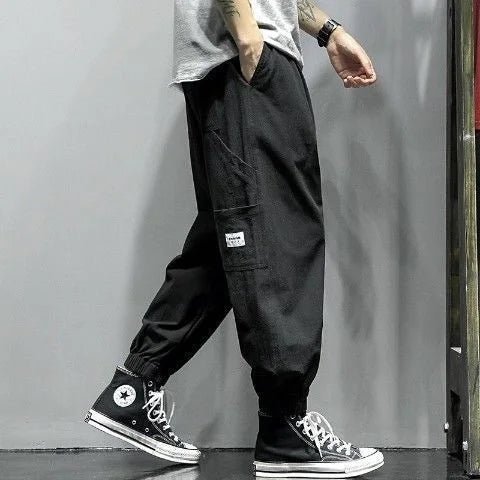 New Korean Fashion Men's Wide Leg Linen Loose Nine Point Cargo Pants Men Clothing Techwear Sweatpants Trousers Streetwear 736 Black