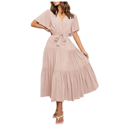 Women Chiffon Dress 2024 Summer Lace-Up Butterfly Sleeve Casual Ruffle V-Neck Fashion Party Vestidos Sexy Bohemian Robe Femme