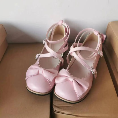 HoneyCherry NEW Lolita Shoes Princess Shoes Students Lovely Shoes Women Flats Low Round With Cross Straps Bow Pink