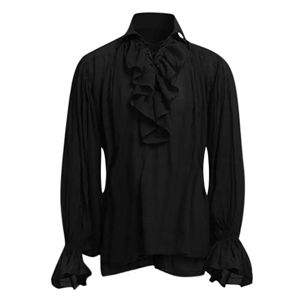 Mens Shirt Vampire Renaissance Victorian Steampunk Gothic Ruffled Medieval Halloween Costume Clothing Chemise Homme Black