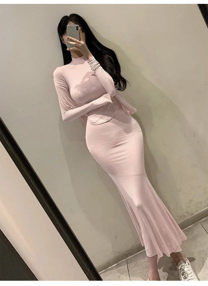 WOMENGAGA Skirts Set Pink Korea Slim Sexy Fashion Three Piece Set For Women Tight Half High Neck Short Sleeve T Shirt 70BE