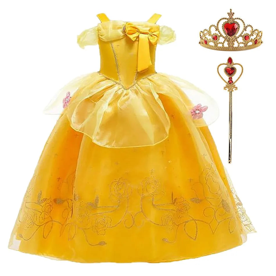 Girls Dress Belle Costume Kids Halloween Carvinal Fancy Cosplay Belle Clothes Children Wedding Party Flower Printing Dress 3-10Y