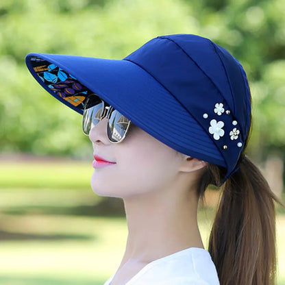 Summer Hats for Women Foldable Sun Hat Pearl Flower Visor Suncreen Floppy Cap Female Outdoor Casual Baseball Cap Hat for Woman Blue