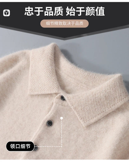 Men's Shirt 100% Mink Cashmere Sweater Casual Business POLO Collar Pullover Autumn Winter Warm Knit Base Shirt Men's Clothing