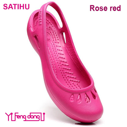 Lovely Satihu Summer New Lightweight Anti Slip Hole Shoes Clog For Women's Flat Bottom Sandals Nurse Outdoor Beach Jelly Rose red