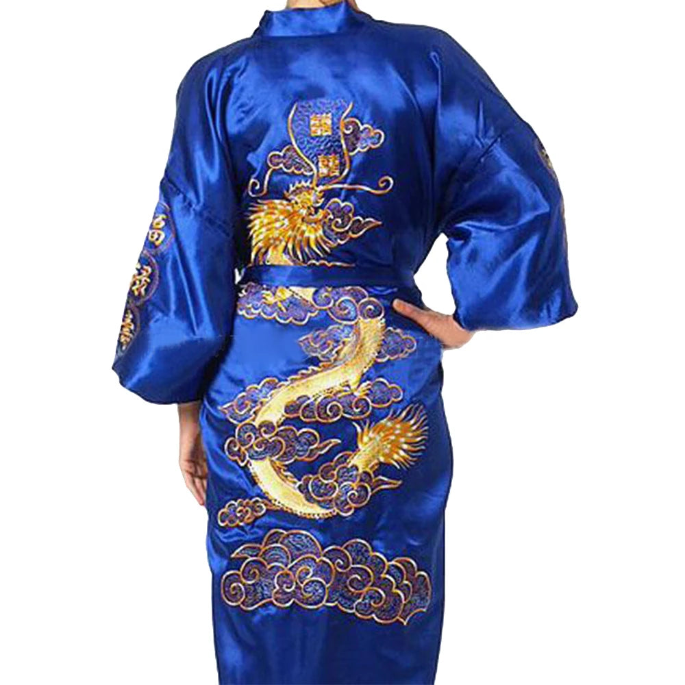 Men's Satin Robes Chinese Style Dragon Embroidery Kimono Silk-like Bathrobe Pajamas Sleepwear Gown Bath Robe