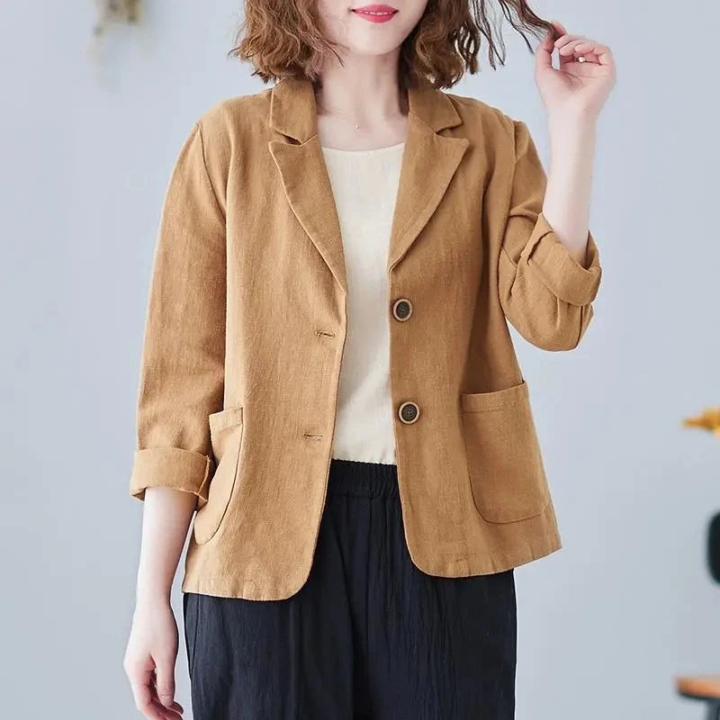 2023 Spring Summer Short Coat Cotton And linen Blazer Suit Collar Jacket Women's Casual Solid Color 3/4 Sleeves Shirt Cardigan Light coffee