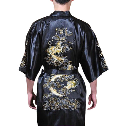 Men's Satin Robes Chinese Style Dragon Embroidery Kimono Silk-like Bathrobe Pajamas Sleepwear Gown Bath Robe