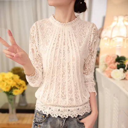 Summer Casual White Lace Clothing Fashion Long Sleeve New Tops Shirts for Women Elegant Black O-neck Ladies Blouse Blusas 51C